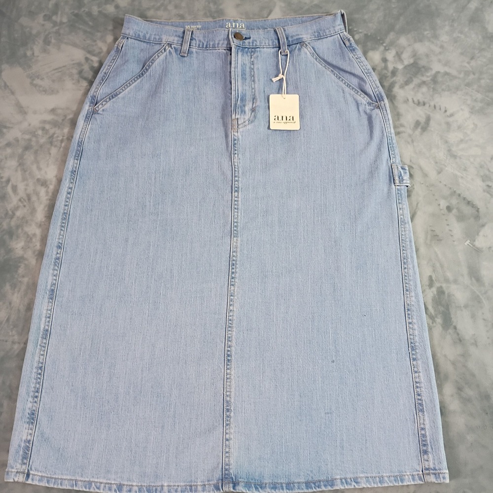 ANA Women High Rise Denim Midi Skirt Light Wash Carpenter Retro Size 10 NEW